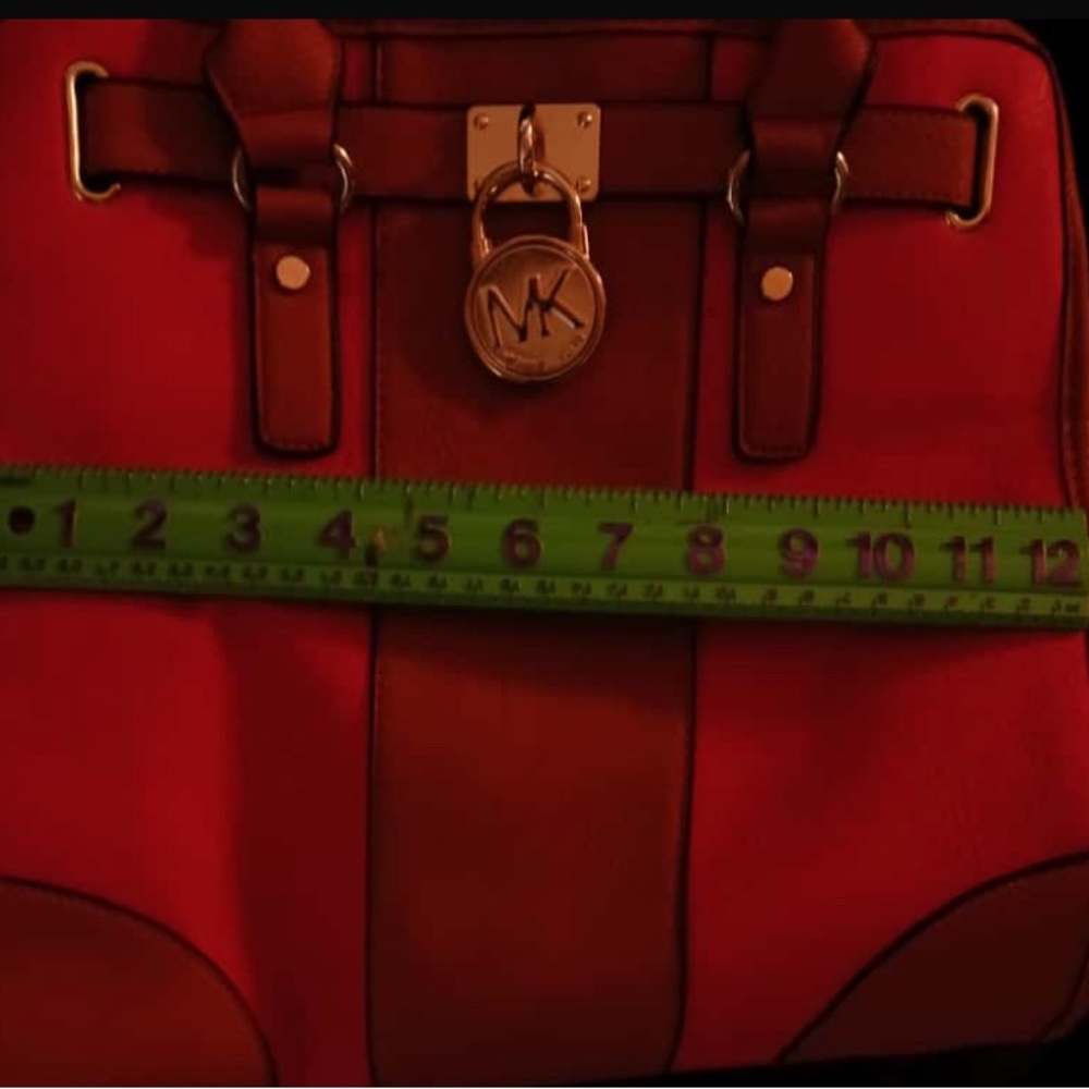 Reddish Coral and Tan MK Satchel with Structured Design - Picture 3 of 7